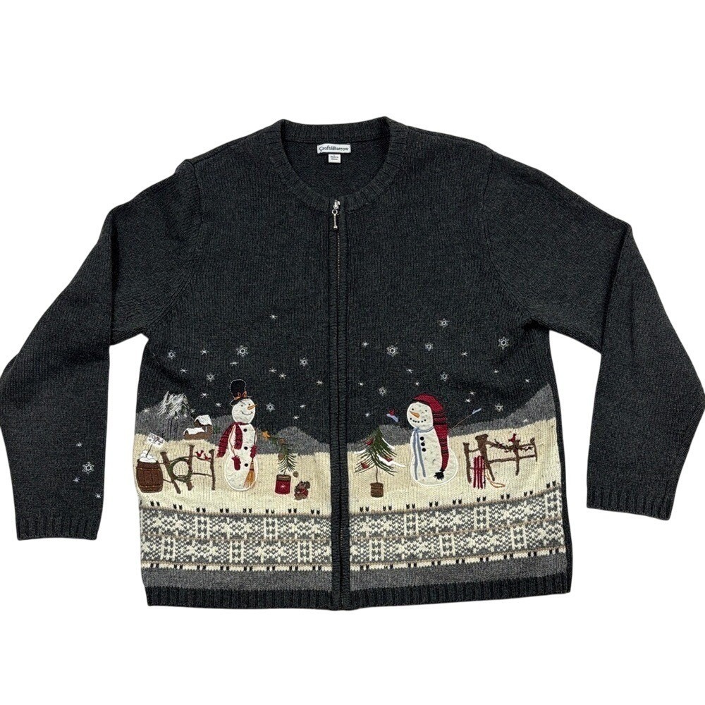Croft & Barrow Zip Up Sweater with Snowman Design Womens Size Large Grey White - Picture 1 of 9